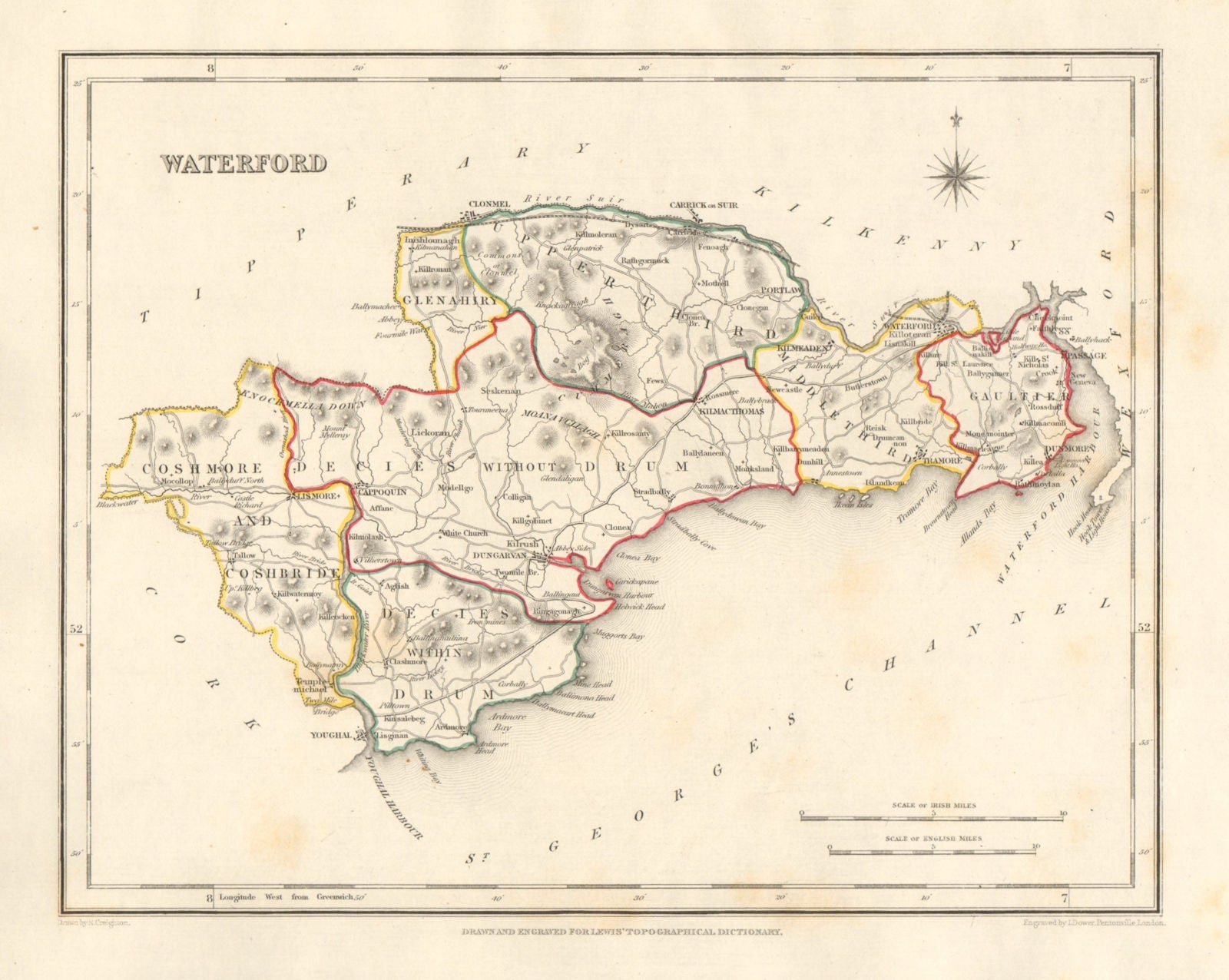 COUNTY WATERFORD antique map for LEWIS by DOWER & CREIGHTON. Ireland 1846
